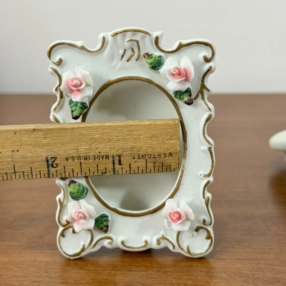 Vintage Lefton Porcelain Small Picture Frame White With Pink Raised Flowers